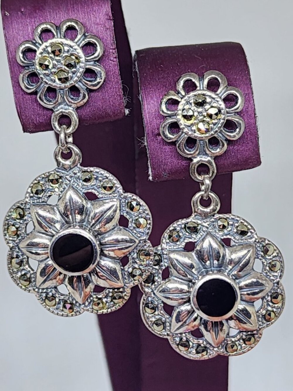 Vintage Marsala Co "MC" Sterling Silver Onyx Marcasite Flower Dangle Earrings